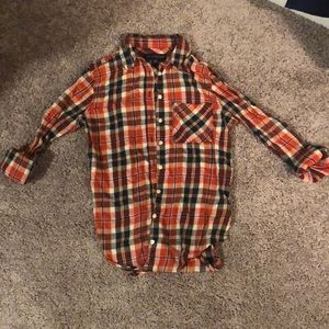 Orange and navy plaid button down shirt